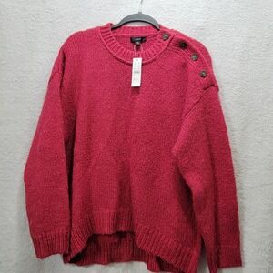 NEW! J Crew Button‎ Shoulder Sweater Medium Crew Neck Raspberry Pink Wool Alpaca